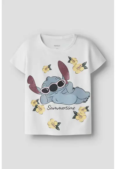 Tricou cu imprimeu Stitch - Alb optic/Albastru stins