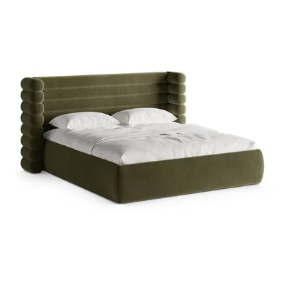 Pat matrimonial verde tapițat cu spațiu de depozitare cu somieră 200x200 cm Mount – Micadoni