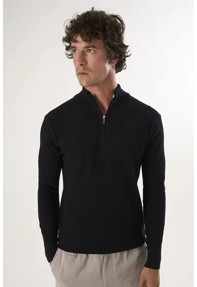 Pulover slim-fit cu fenta cu fermoar - Negru