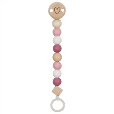 Lant din lemn pentru suzeta Hearts pastel pink