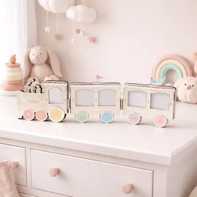 Ramă Foto Copii AZAY Tip Tren, 5x5 cm, Ramă Foto Multiplu Bebe, Decor Cameră Copil, Cadou Nou-Născut, Cutie Cadou Inclusă