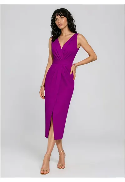 Rochie cocktail midi cu drapaje ALAYA - Magenta