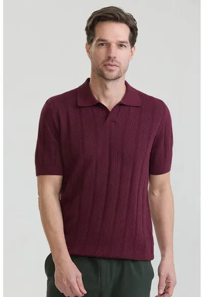 Tricou polo din bumbac cu aspect tricotat - Visiniu