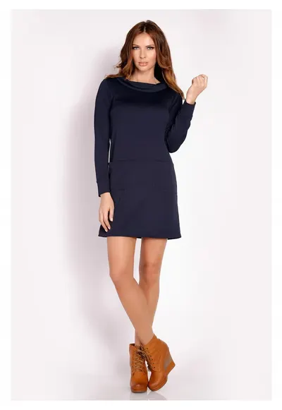 Rochie Dama - L015 - Marime L - Material 96% Poliester - 4% Elastan - Lungime Mini - 2 Buzunare Laterale - Maneca Lunga - Albastru Inchis