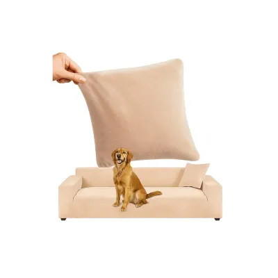 Husa elastica pentru canapea, universala, 190-230 cm, husa perna 45x45 cm, catifea, bej