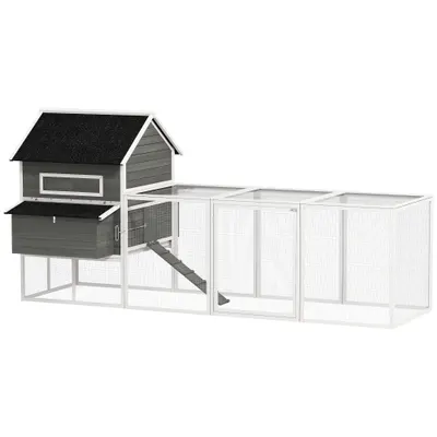 PawHut Coteț pentru găini din lemn cu volieră cuib acoperiș din șindrilă tavă glisantă pentru 8-10 găini 347x160x150 cm Gri închis | Aosom Romania