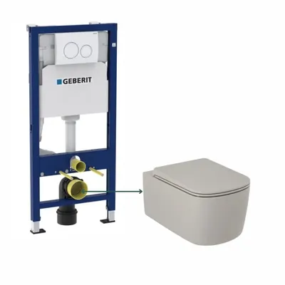 Set vas wc suspendat rimless, gri nisipiu mat, Kludi Resa S si rezervor incastrat Geberit cu set fixare si clapeta alba Duofix Delta