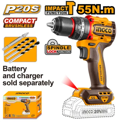Masina de Gaurit si Insurubat cu Impact 20V INGCO CIDLI205581, 55Nm, brushless, 2 viteze 0-500/2000 rpm, 30000 bpm, mandrina metalica 13 mm, fara acumulator si incarcator