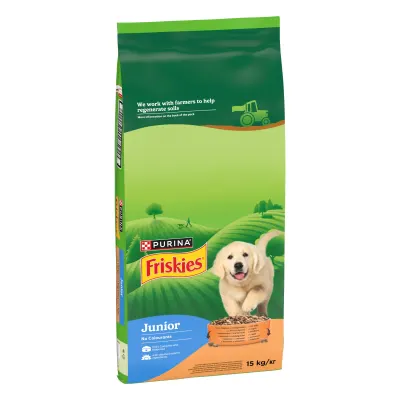 FRISKIES Dog, Caine Junior, Pui, Legume si Lapte, 15 kg