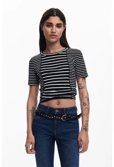 Tricou din amestec de bumbac cu model in dungi - Alb/Negru