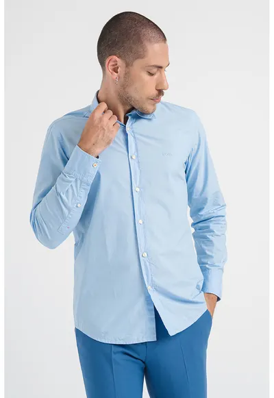 Camasa regular fit de bumbac cu logo brodat - Albastru deschis
