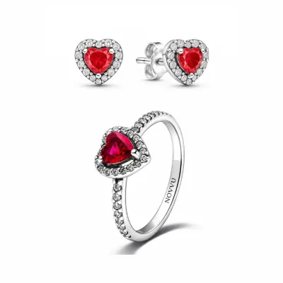 Set bijuterii Inel si Cercei Red Heart cu Argint