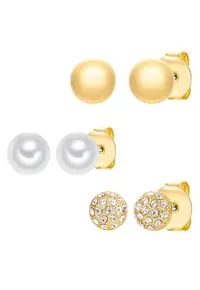 Set de cercei cu tija decorati cu pietre din sticla - 3 perechi - Alb/Auriu