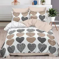Lenjerie pat dublu cu ELASTIC, Finet, 6 piese, Bej, inimioare