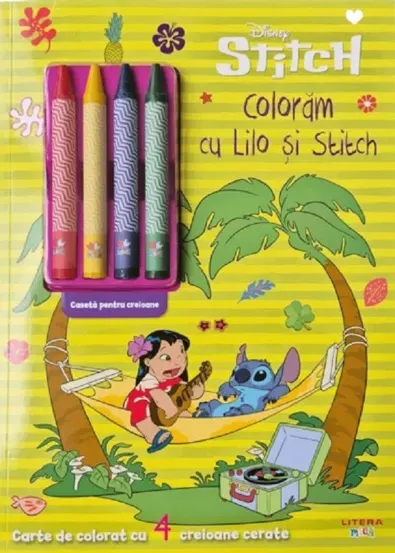 Coloram cu Lilo si Stitch. Carte de colorat cu 4 creioane cerate