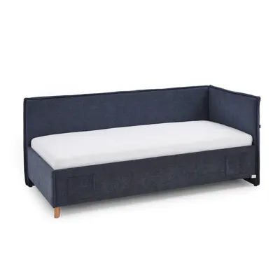 Pat pentru copii albastru închis pe colț tapițat cu spațiu de depozitare cu somieră 90x200 cm Fun – Meise Möbel