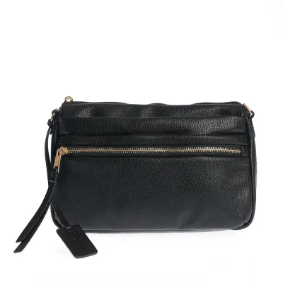 Geanta crossbody neagra compartimentata cu fermoare aurii