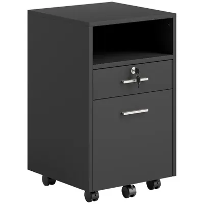 Vinsetto Comodă de Birou cu 2 Sertare și Raft Deschis, Mobilier cu 5 Rotile, Încuietoare și 2 Chei, 39x40x65 cm, Negru | Aosom Romania