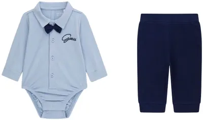 Set din 2 piese Guess - БBody cu papion și pantaloni, albastru, 0-3 luni