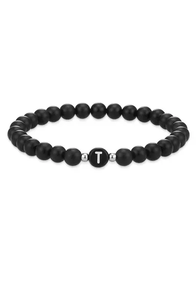Bratara unisex din agat decorata cu litera T - Negru
