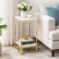 Masuta laterala moderna cu blat aspect marmura 75x30 cm cadru metalic auriu