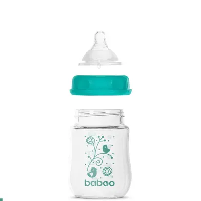 Biberon din sticla anticolici Baboo cu gat larg 150 ml 0 luni+
