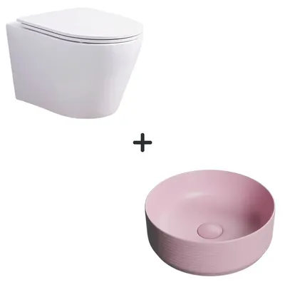 Set vas wc rimless cu capac soft close Clementina plus lavoar baie rotund roz mat