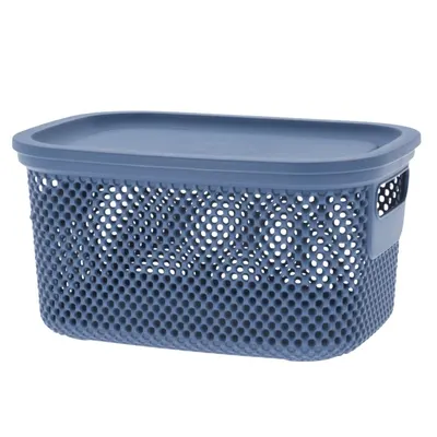 Coș depozitare cu capac din plastic perforat, Storage Solutions, albastru