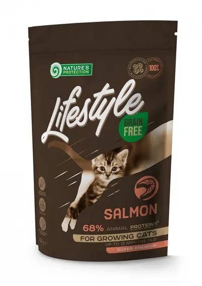 Nature's Protection Lifestyle Grain Free, somon, hrana uscata pentru pisici junior, 400 gr
