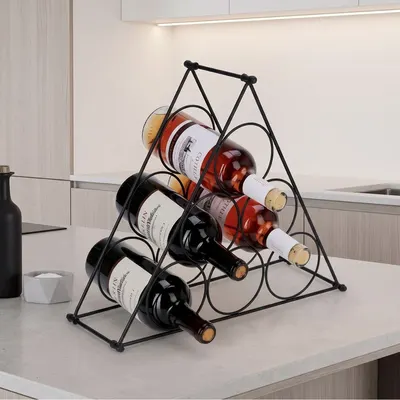 Suport metalic pentru sticle de vin, design piramidal, 6 sticle, 39x18x34 cm