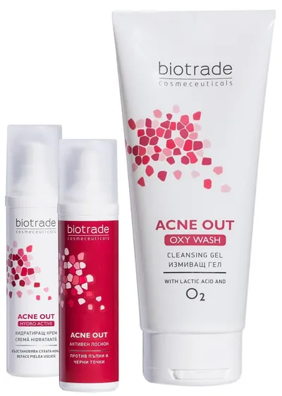 Biotrade Acne Out Set - Gel de curățare, loțiune activă anti-coșuri și cremă hidratantă, 200 + 2 х 60 ml
