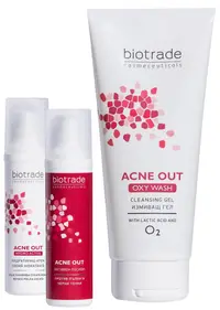 Biotrade Acne Out Set - Gel de curățare, loțiune activă anti-coșuri și cremă hidratantă, 200 + 2 х 60 ml