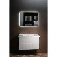 Set mobilier baie PVC alb riflat Cristina YJ-064-600 cu lavoar ceramic si oglinda cu LED antiaburire 60 cm