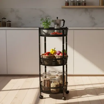 Cărucior de depozitare cu 3 coșuri rotunde din plasă metalică – Mobil cu roți, culoare negru Ø37x88 cm