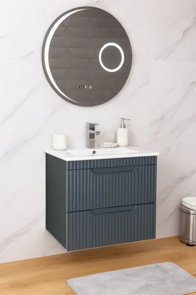 Set Baza front MDF cu Lavoar si Oglinda cu iluminare LED, seria 033, suspendata, cu sertare, montat, 60 cm, antracit