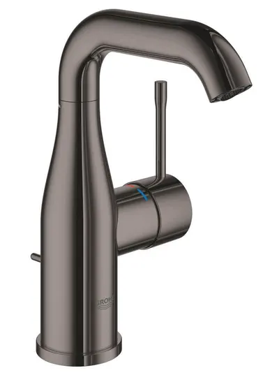 Baterie lavoar Grohe Essence 24173A01, 3/8'', marimea M, monocomanda, cartus ceramic, pivotanta, ventil cu tija, lucios, hard graphite