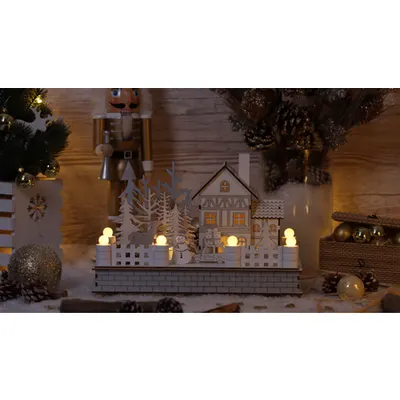 Casa de Craciun cu LED, culoare alba, din lemn, cu baterii Timer 6+18h,12LED, 3000K, 2xAA