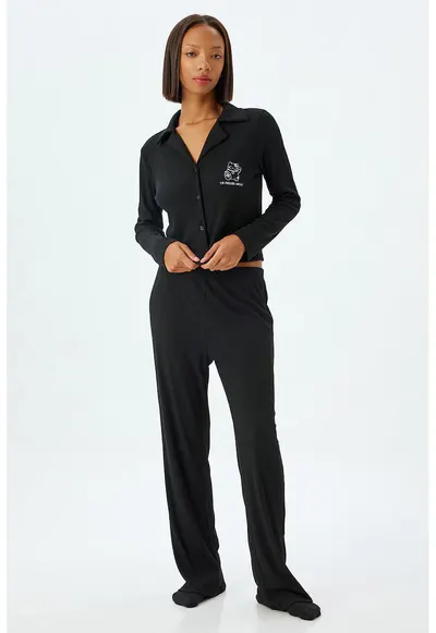 Pijama lunga cu model uni - Negru