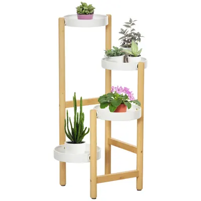 Outsunny Suport pentru Plante cu 4 Rafturi din Bambus și Metal, 28x28x80 cm, Alb | Aosom Romania