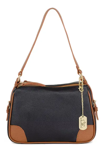 Geanta crossbody de piele cu accesoriu logo - Negru/Maro scortisoara
