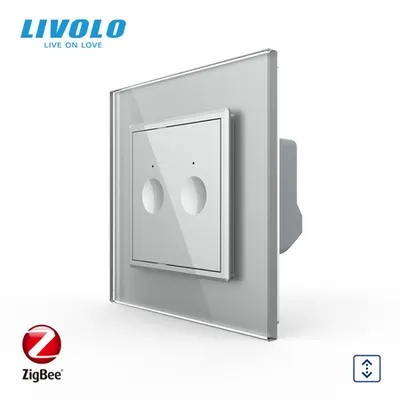 Intrerupator dublu tactil, control draperie, Protocol Zigbee, cu rama sticla Gri