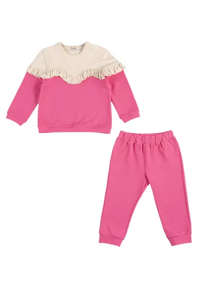 Set 2 piese sport: Bluza cu maneca lunga si volan si pantalon - Hope - Roz Fucsia si Bej - pentru fetite - Fucsia