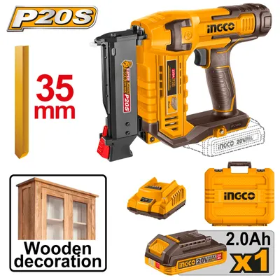 Pistol Cuie Industrial pentru Lemn 20V INGCO CBNLI3606, tip pin 10-35 mm, rata tragere 3 cuie/sec, magazie 140 buc, acumulator 2.0Ah si incarcator incluse, sistem P20S, cutie transport