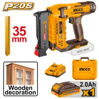 Pistol Cuie Industrial pentru Lemn 20V INGCO CBNLI3606, tip pin 10-35 mm, rata tragere 3 cuie/sec, magazie 140 buc, acumulator 2.0Ah si incarcator incluse, sistem P20S, cutie transport