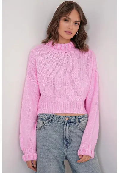 Pulover dama - scurt texturat - guler inalt - roz pudrat - tricot