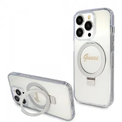Husa MagSafe pentru Apple iPhone 15 Pro, Guess, IML Ring Stand Glitter, Transparenta