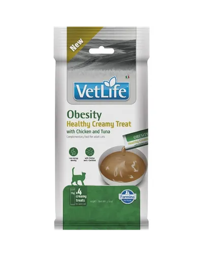 Recompensă cremoasă pisici adulte supraponderale FARMINA Vet Life Obesity 4x15 g cu pui și ton