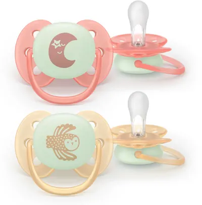 Suzete Philips Avent Ultra Soft - Night, 0-6 luni, 2 bucăți, lună/bufniță