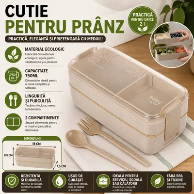 Cutie de pranz alimentara, Lingura si Furculita Incluse, 750 ml, Bej, Din Material Ecologic