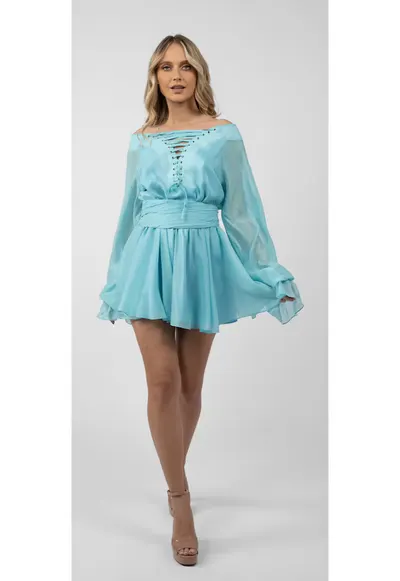Rochie scurta cu snur frontal si maneci ample